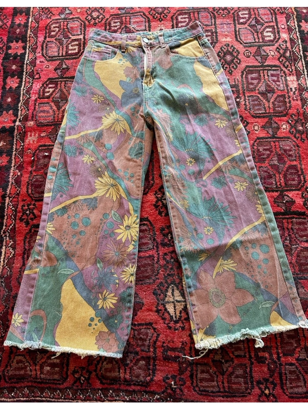 Vintage Psychedelic Floral Wide Leg Jeans Multi Colored Hippie Boho Festival S/M - Picture 10 of 15